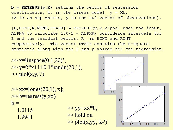 b = REGRESS(y, X) returns the vector of regression coefficients, b, in the linear