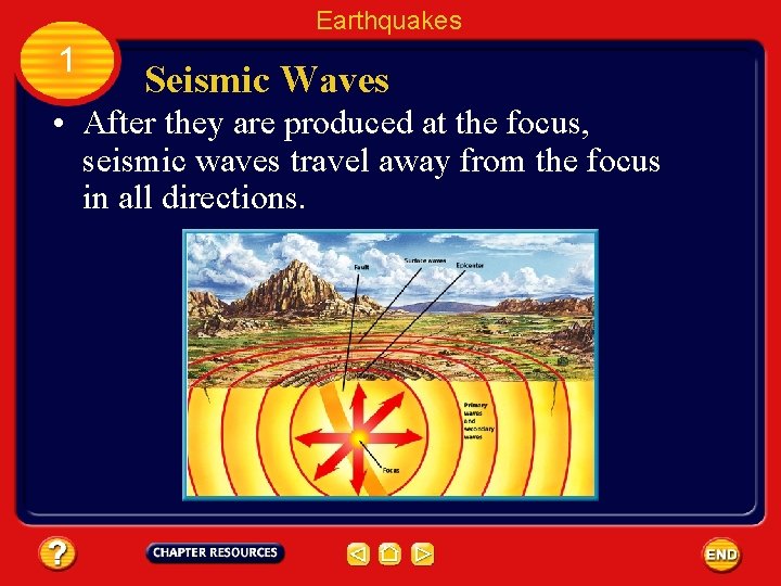 Earthquakes 1 Seismic Waves • After they are produced at the focus, seismic waves