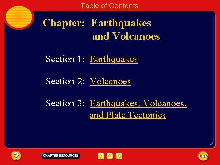 Table of Contents Chapter: Earthquakes and Volcanoes Section 1: Earthquakes Section 2: Volcanoes Section