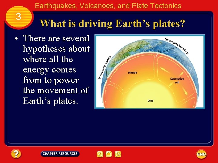 Earthquakes, Volcanoes, and Plate Tectonics 3 What is driving Earth’s plates? • There are