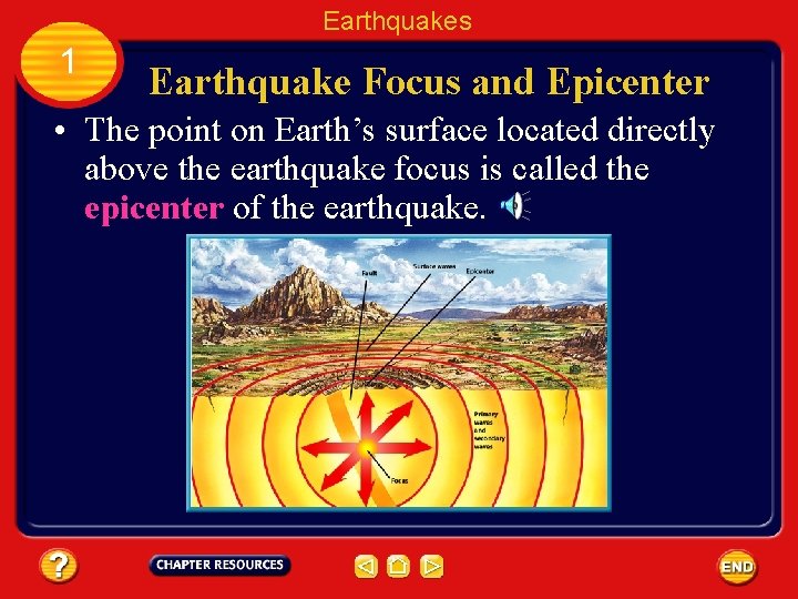 Earthquakes 1 Earthquake Focus and Epicenter • The point on Earth’s surface located directly