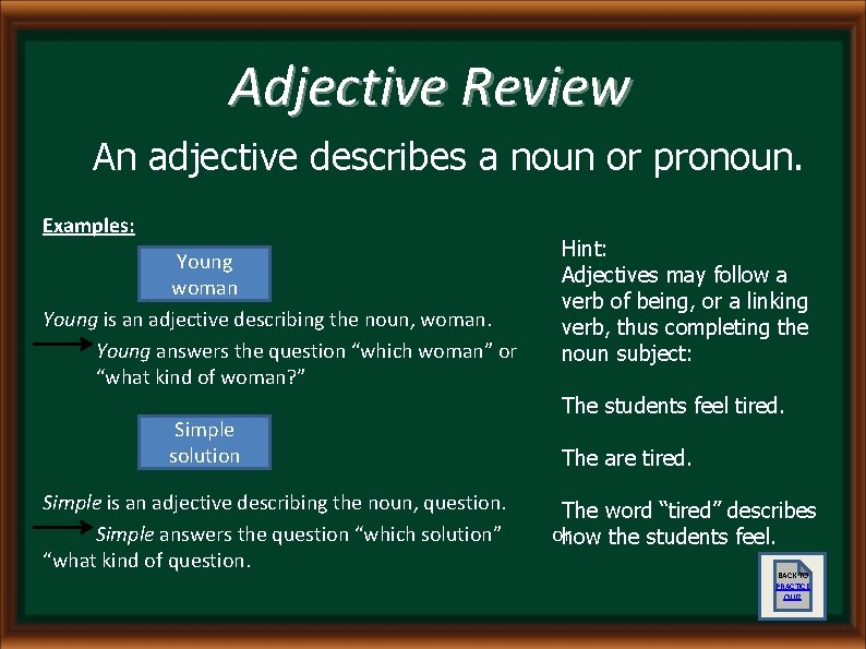 Adjective Review An adjective describes a noun or pronoun. Examples: Young woman Young is