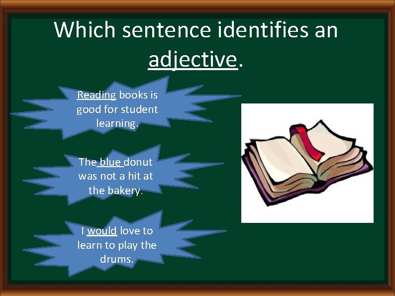 Which sentence identifies an adjective. Reading books is good for student learning. The blue