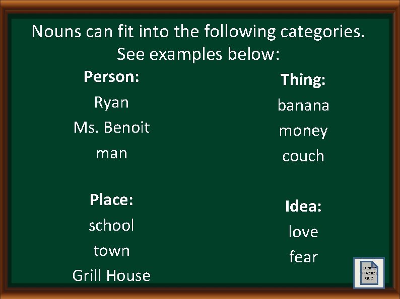 Nouns can fit into the following categories. See examples below: Person: Ryan Ms. Benoit