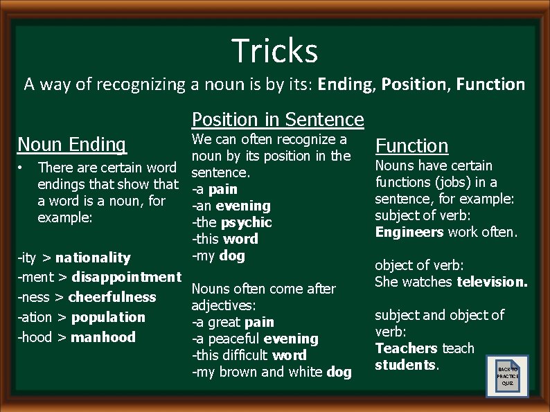 Tricks A way of recognizing a noun is by its: Ending, Position, Function Position