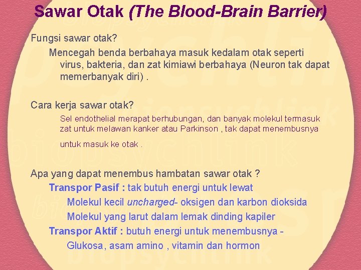 Sawar Otak (The Blood-Brain Barrier) Fungsi sawar otak? Mencegah benda berbahaya masuk kedalam otak