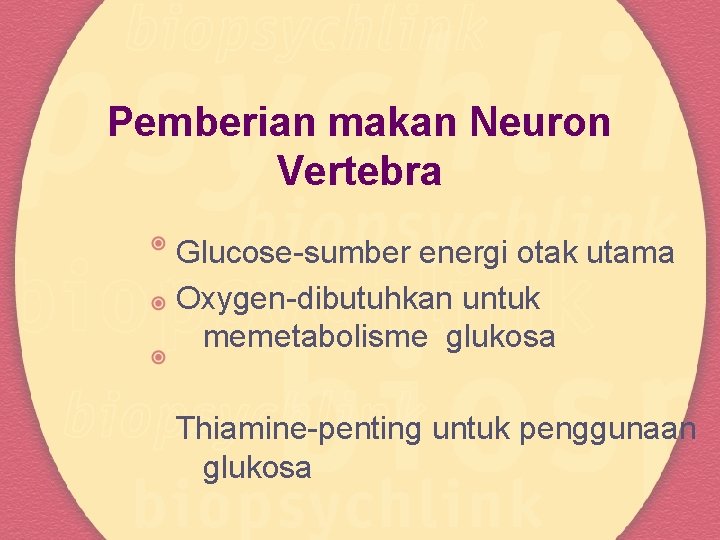 Pemberian makan Neuron Vertebra Glucose-sumber energi otak utama Oxygen-dibutuhkan untuk memetabolisme glukosa Thiamine-penting untuk