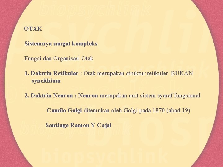 OTAK Sistemnya sangat kompleks Fungsi dan Organisasi Otak 1. Doktrin Retikular : Otak merupakan