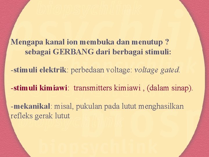 Mengapa kanal ion membuka dan menutup ? sebagai GERBANG dari berbagai stimuli: -stimuli elektrik: