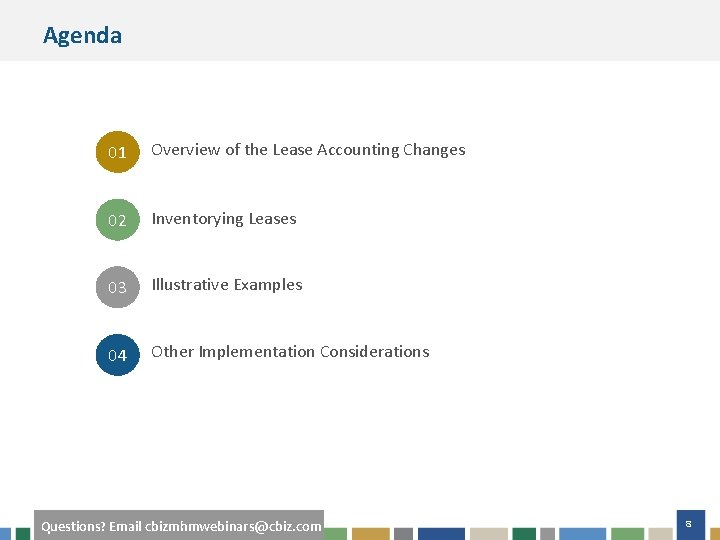 Agenda 01 Overview of the Lease Accounting Changes 02 Inventorying Leases 03 Illustrative Examples
