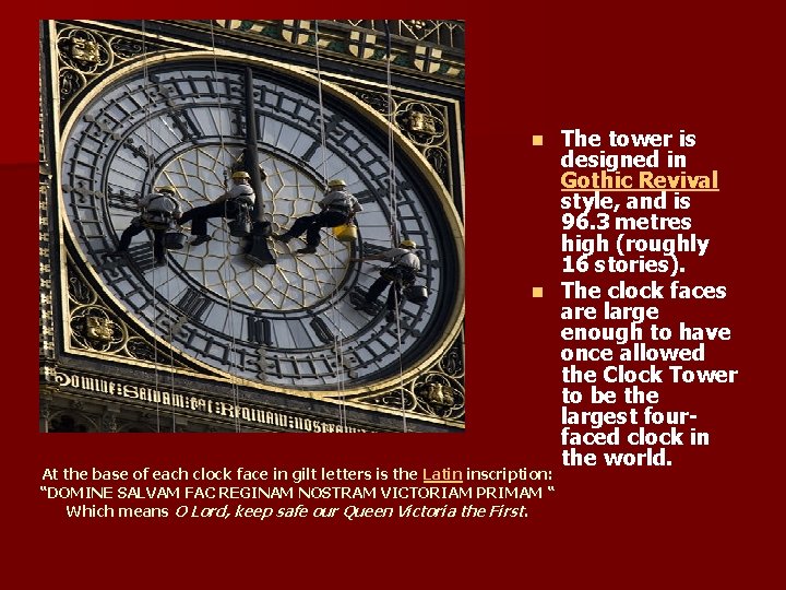 The tower is designed in Gothic Revival style, and is 96. 3 metres high
