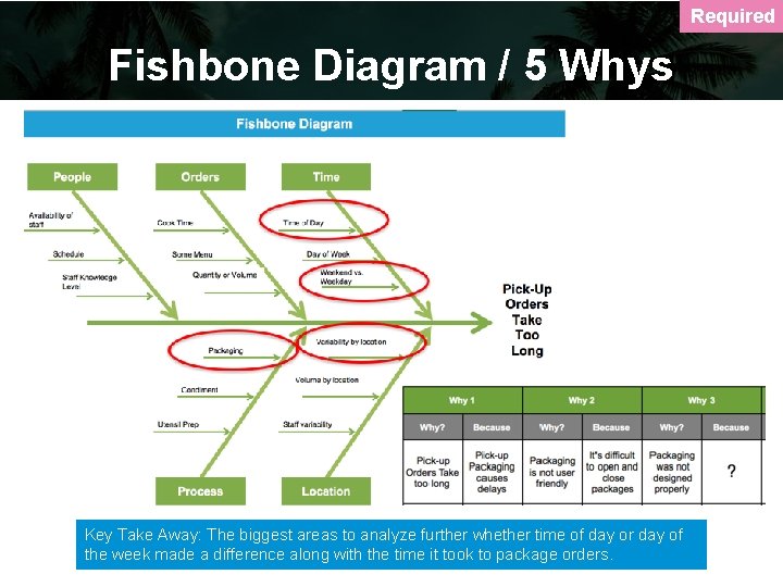 Required Fishbone Diagram / 5 Whys Key Take Away: The biggest areas to analyze