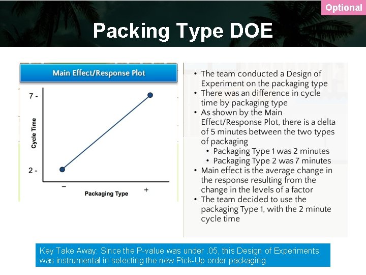 Optional Packing Type DOE Key Take Away: Since the P-value was under. 05, this