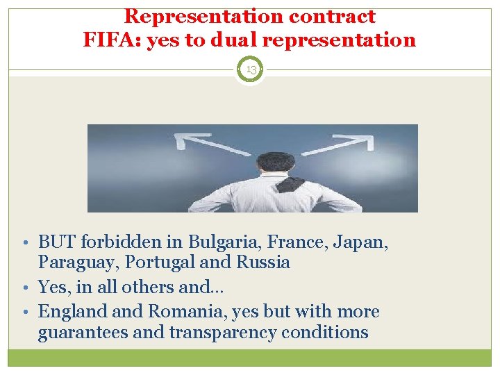 Representation contract FIFA: yes to dual representation 13 • BUT forbidden in Bulgaria, France,