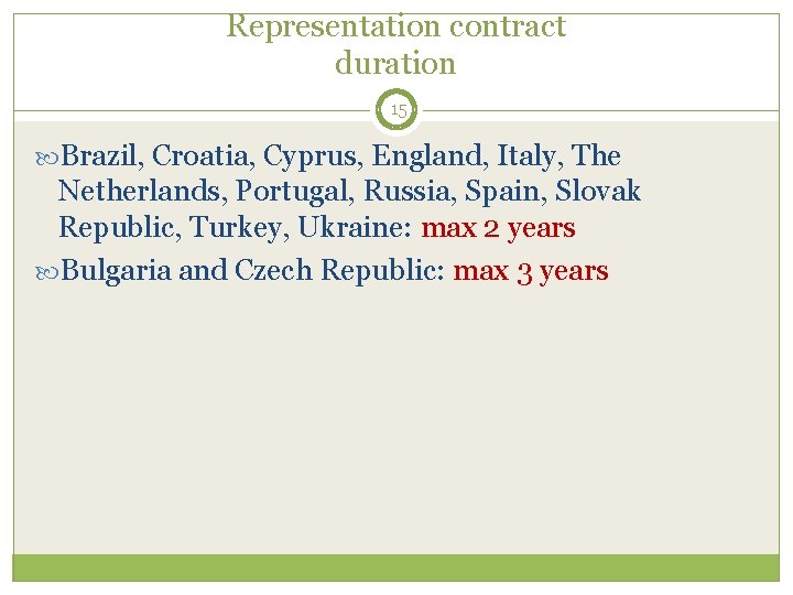 Representation contract duration 15 Brazil, Croatia, Cyprus, England, Italy, The Netherlands, Portugal, Russia, Spain,
