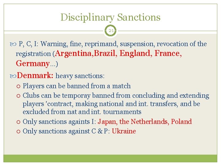 Disciplinary Sanctions 21 P, C, I: Warning, fine, reprimand, suspension, revocation of the registration