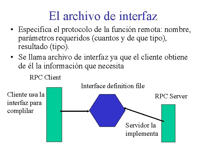 El archivo de interfaz • Especifica el protocolo de la función remota: nombre, parámetros