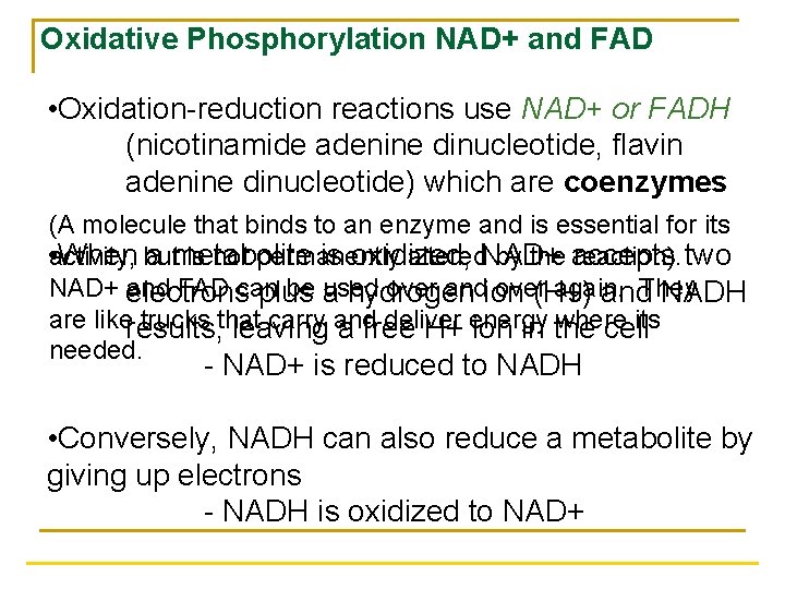 Oxidative Phosphorylation NAD+ and FAD • Oxidation-reduction reactions use NAD+ or FADH (nicotinamide adenine