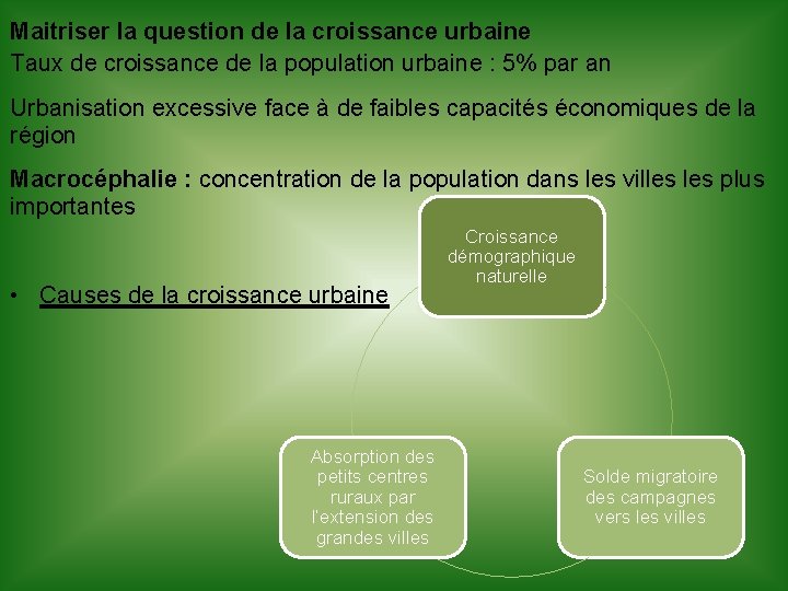 Maitriser la question de la croissance urbaine Taux de croissance de la population urbaine
