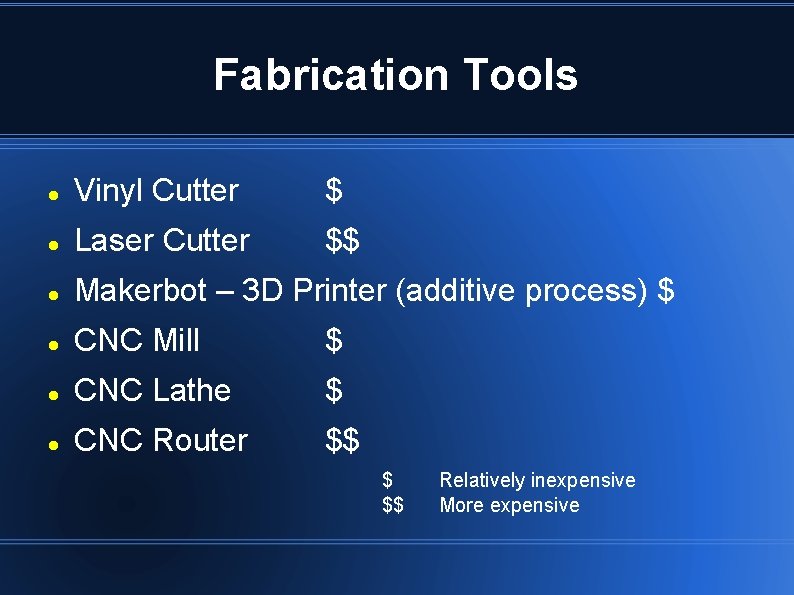 Fabrication Tools Vinyl Cutter $ Laser Cutter $$ Makerbot – 3 D Printer (additive