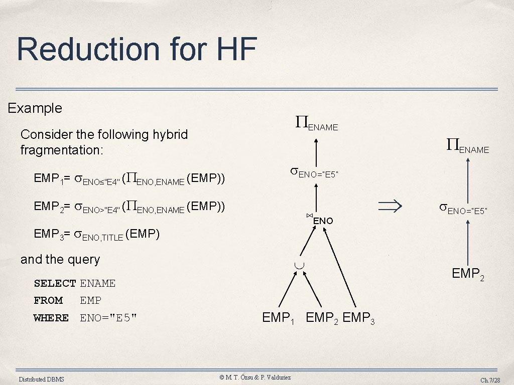 Reduction for HF Example ENAME Consider the following hybrid fragmentation: ENAME EMP 1= ENO≤"E