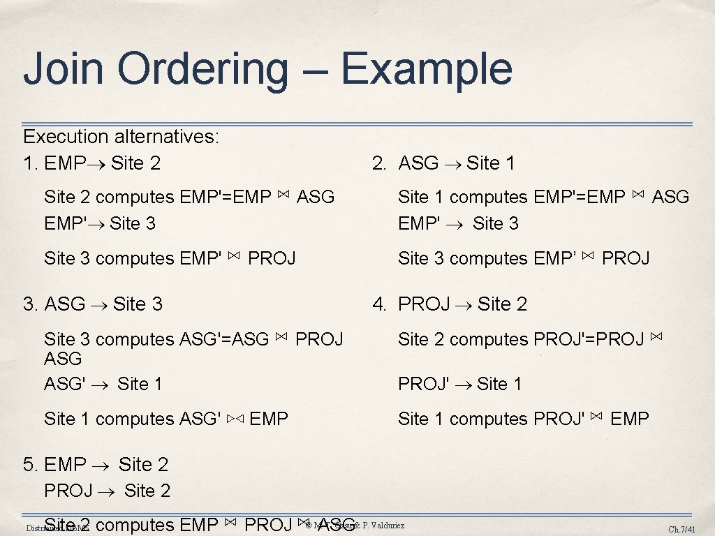 Join Ordering – Example Execution alternatives: 1. EMP Site 2 2. ASG Site 1