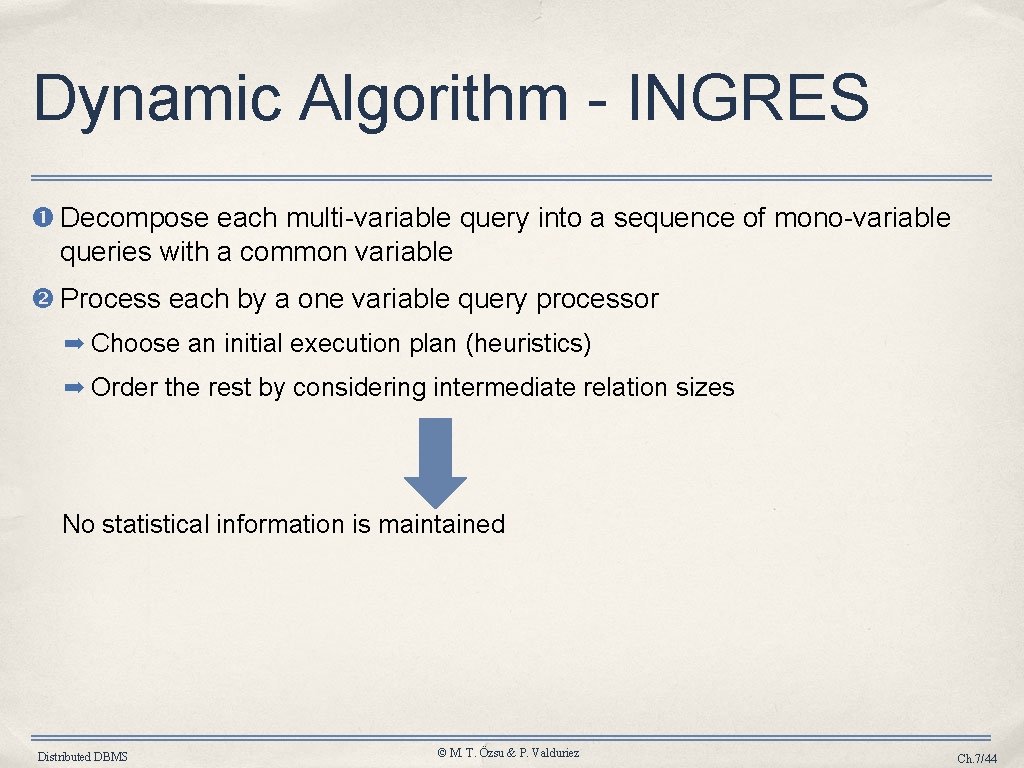 Dynamic Algorithm - INGRES Decompose each multi-variable query into a sequence of mono-variable queries