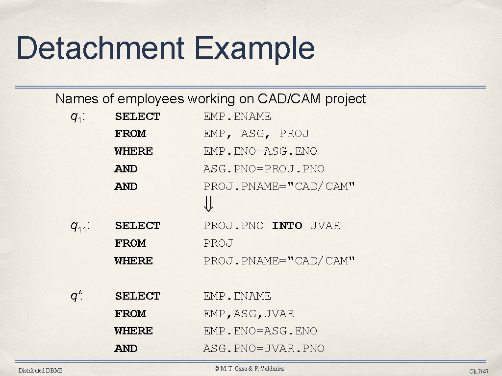 Detachment Example Names of employees working on CAD/CAM project q 1: SELECT FROM WHERE