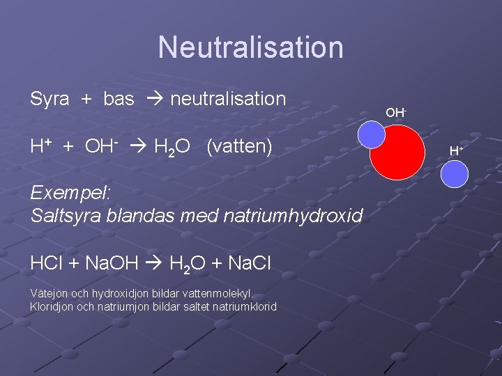 Neutralisation Syra + bas neutralisation H+ + OH- H 2 O (vatten) Exempel: Saltsyra