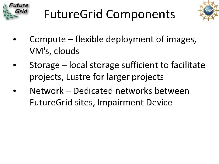Future. Grid Components • • • Compute – flexible deployment of images, VM's, clouds