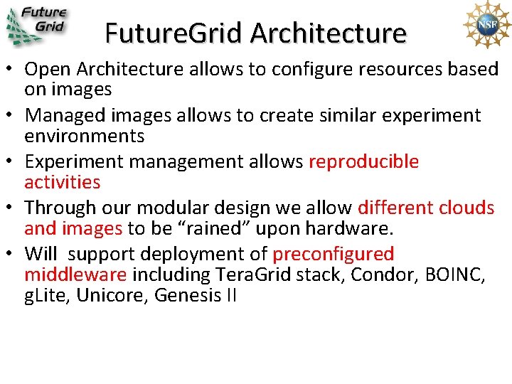 Future. Grid Architecture • Open Architecture allows to configure resources based on images •