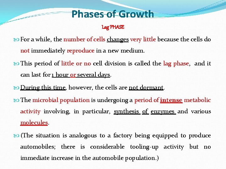Phases of Growth Lag PHASE For a while, the number of cells changes very