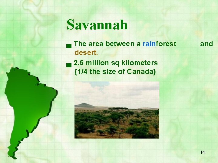 Savannah ▄ The area between a rainforest desert. ▄ 2. 5 million sq kilometers