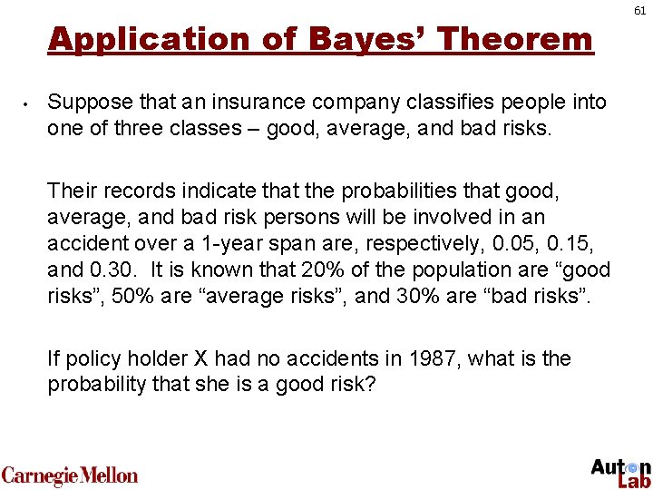 Application of Bayes’ Theorem • Suppose that an insurance company classifies people into one