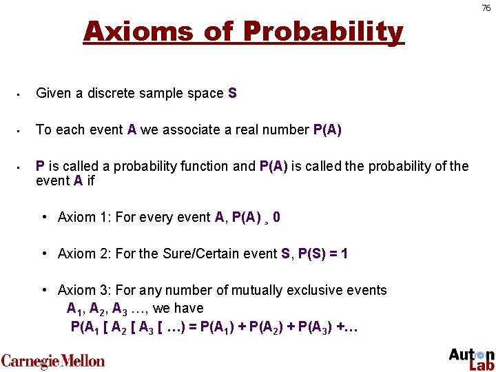 Axioms of Probability • Given a discrete sample space S • To each event