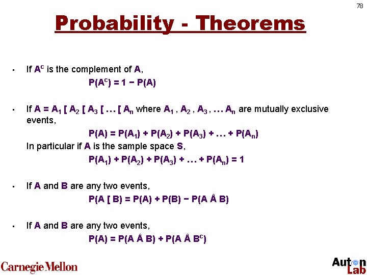 Probability - Theorems • • If Ac is the complement of A, P(Ac) =