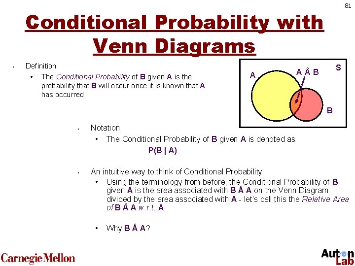 81 Conditional Probability with Venn Diagrams • Definition • The Conditional Probability of B
