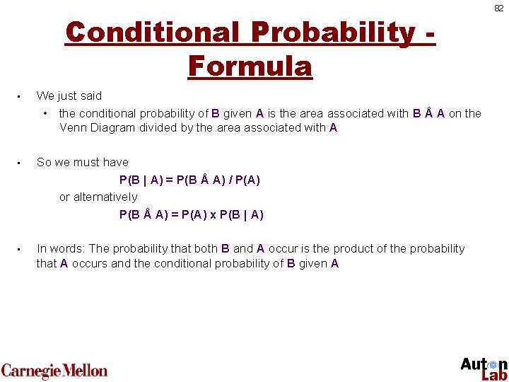 Conditional Probability Formula • • • We just said • the conditional probability of