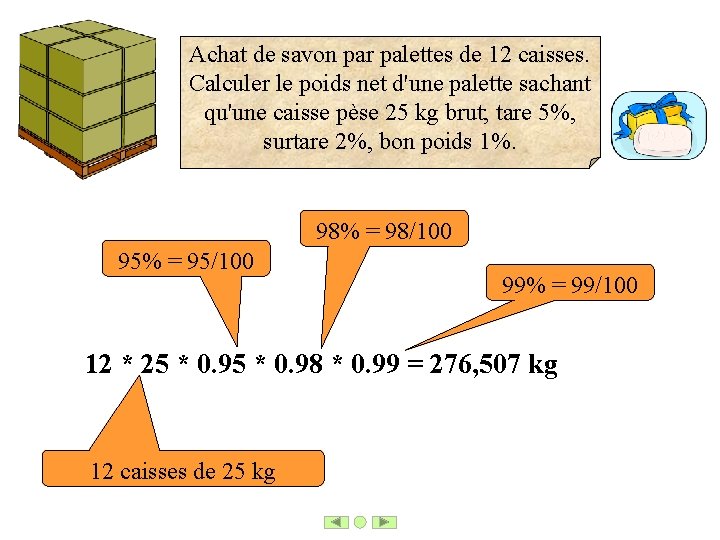 Achat de savon par palettes de 12 caisses. Calculer le poids net d'une palette