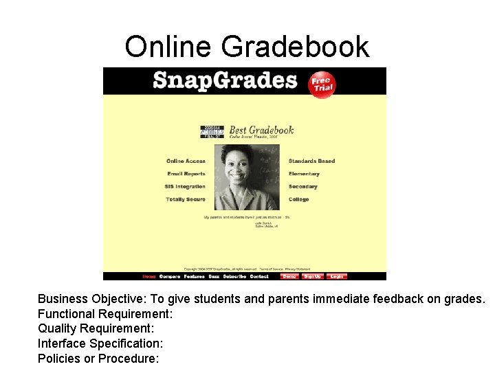 Online Gradebook Business Objective: To give students and parents immediate feedback on grades. Functional Online Gradebook Business Objective: To give students and parents immediate feedback on grades. Functional