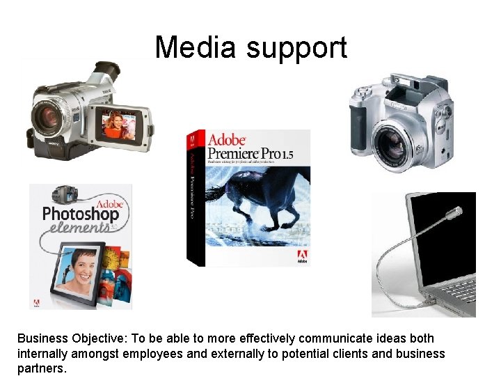 Media support Business Objective: To be able to more effectively communicate ideas both internally Media support Business Objective: To be able to more effectively communicate ideas both internally