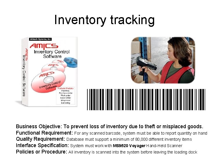 Inventory tracking Business Objective: To prevent loss of inventory due to theft or misplaced Inventory tracking Business Objective: To prevent loss of inventory due to theft or misplaced