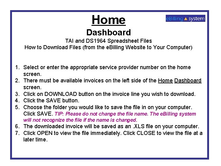 Home Dashboard TAI and DS 1964 Spreadsheet Files How to Download Files (from the