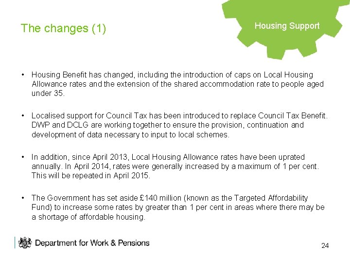 The changes (1) Housing Support • Housing Benefit has changed, including the introduction of