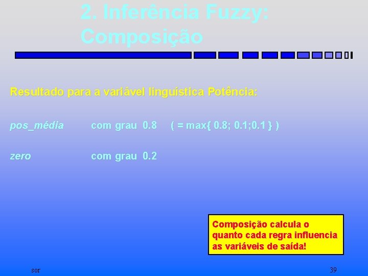 2. Inferência Fuzzy: Composição Resultado para a variável linguística Potência: pos_média com grau 0.