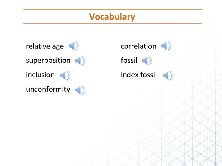 Vocabulary relative age correlation superposition fossil inclusion index fossil unconformity 