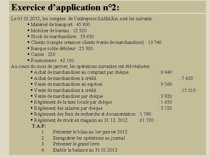 Exercice d’application n° 2: Le 01. 2012, les comptes de l’entreprise SAHARA sont les