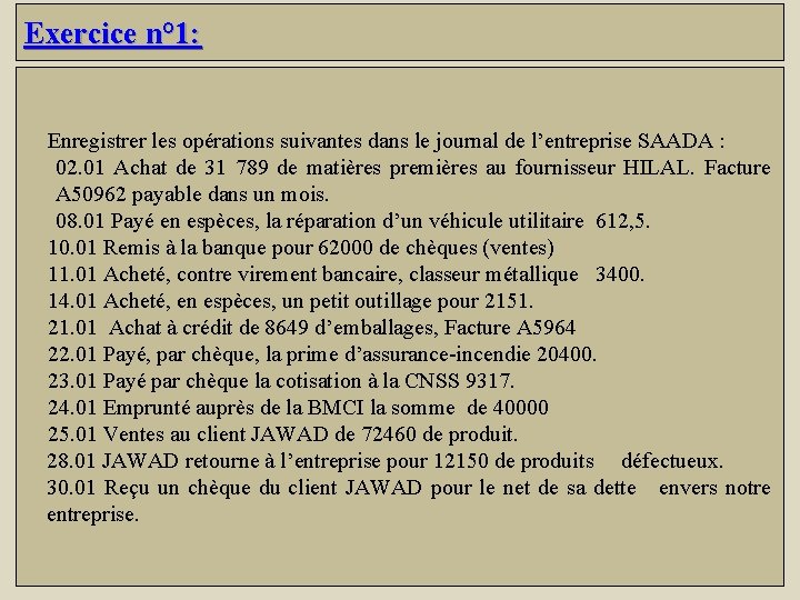 Exercice n° 1: Enregistrer les opérations suivantes dans le journal de l’entreprise SAADA :