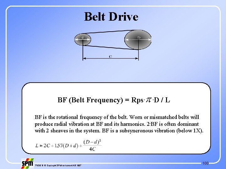 Belt Drive BF (Belt Frequency) = Rps. . D /L BF is the rotational