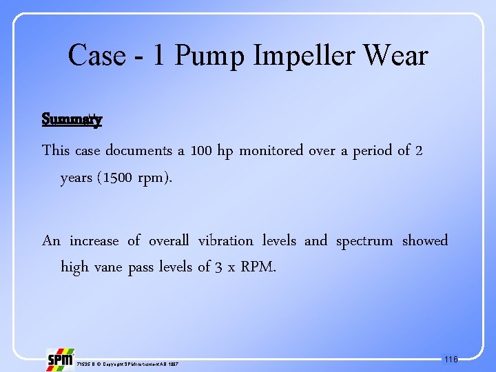 Case - 1 Pump Impeller Wear Summary This case documents a 100 hp monitored